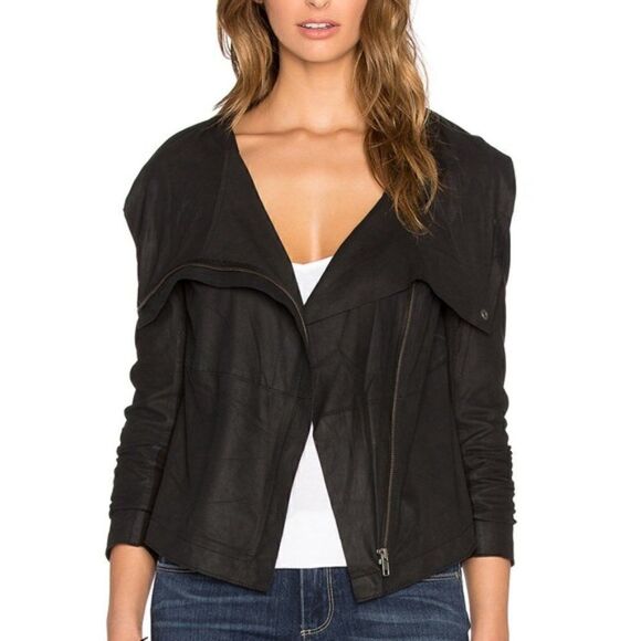 Like New Buttery Black Draped Neck Leather Bovaye Jacket - Picture 5 of 13